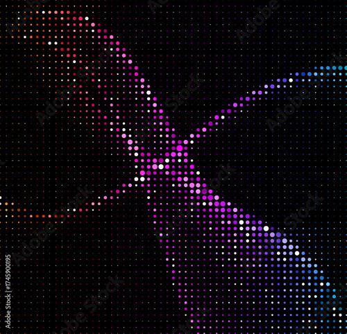 Vector halftone design with intersecting neon waves in pink, purple, and blue on black. Bold, futuristic, and energetic with retro comic-style influence.