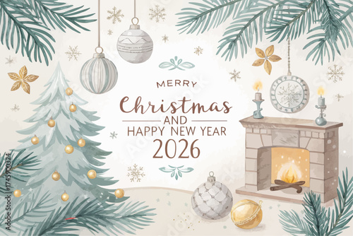Watercolor christmas scene with tree ornaments fireplace and merry christmas happy new year text