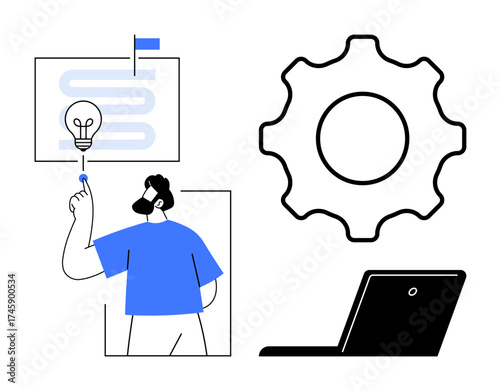 Person interacting with light bulb on a process flow chart, large gear representing system, and laptop. Ideal for innovation, workflow, problem-solving, technology, business strategy, planning