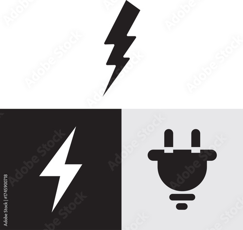 Electric Power Icon Set. Bulb, Thunder, and Plug Silhouette Symbols