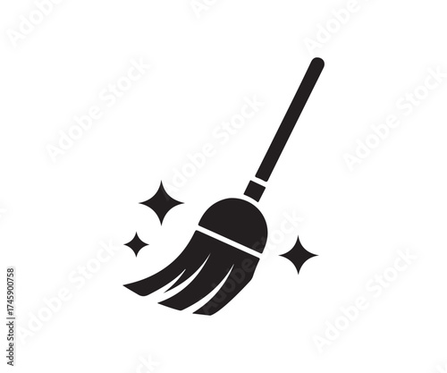 Broom with sparkling stars indicating cleanliness and tidiness silhouette