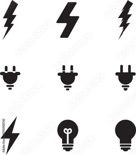 Electric Power Icon Set. Bulb, Thunder, and Plug Silhouette Symbols