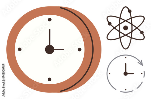 Clock with bold frame, atom with orbiting electron, and circular arrow implying time and energy. Ideal for science, physics, research, time management, progress innovation education. Simple flat