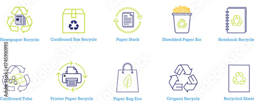 Set of recycling icons for paper and cardboard materials environmentally friendly waste management
