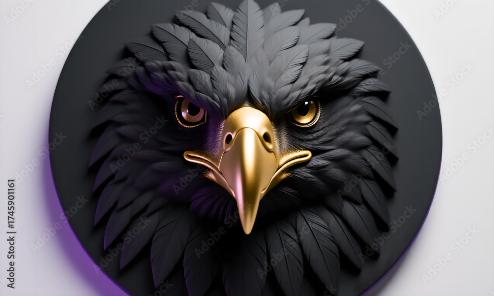 Fototapeta premium Dramatic black eagle with golden beak, portrait on dark round background