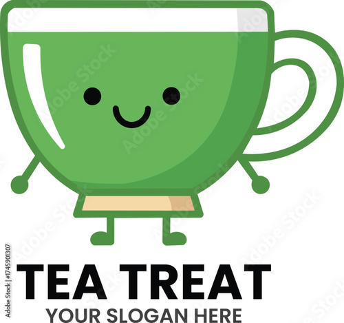 TEA TREAT MASCOT LOGO – Whimsical green teacup with smiling face, arms, and legs perfect for tea café or drink branding