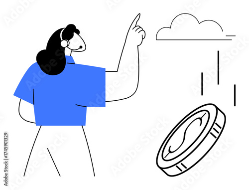 Woman gestures towards a cloud and a falling coin. Ideal for financial investment, cloud computing, innovation, prosperity, technology, savings, future vision. Simple flat metaphor