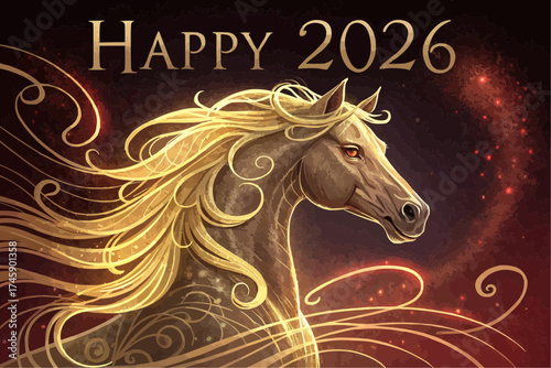 Illustration of a horse with golden mane and happy 2026 text on a dark textured background