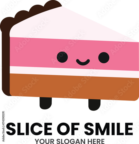 SLICE OF SMILE MASCOT LOGO – Playful cake slice with colorful layers, cute face, and happy vibe for dessert or bakery branding