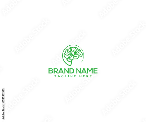 Creative Brain: A striking illustration of a brain-shaped logo, intertwining organic leaves and a serene, nature-inspired concept, perfect for branding, eco-friendly endeavors, or innovative ventures.