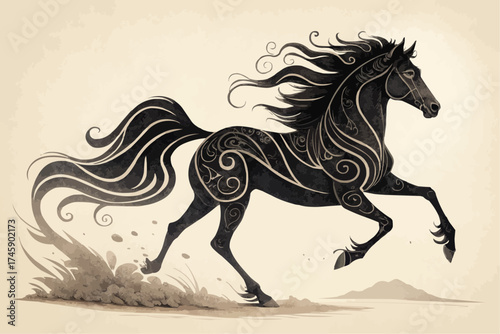 Illustration of a black horse with decorative swirls galloping across a sandy landscape in motion art
