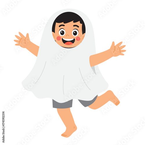 Child in a white ghost costume, perfect for halloween themed designs, spooky promotions, children's costumes advertising, and festive social media posts