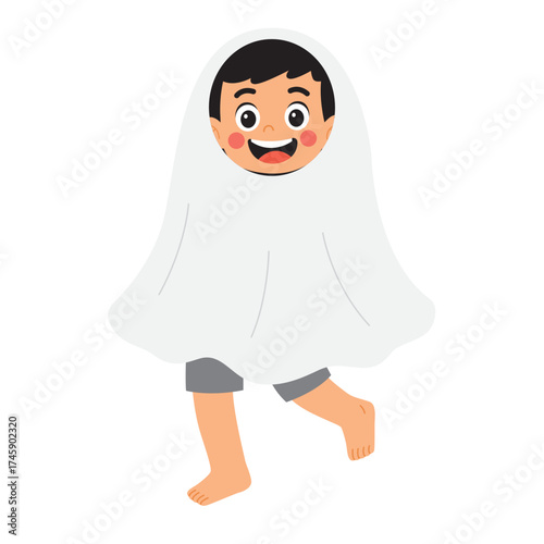 Young child in ghost costume suitable for halloween, holiday cards, social media posts, party invitations, and children's graphic designs