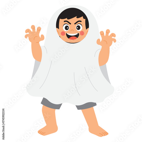 Child wearing a ghost halloween costume, perfect for spooky themed designs, holiday promotions, children's events, costume party invitations