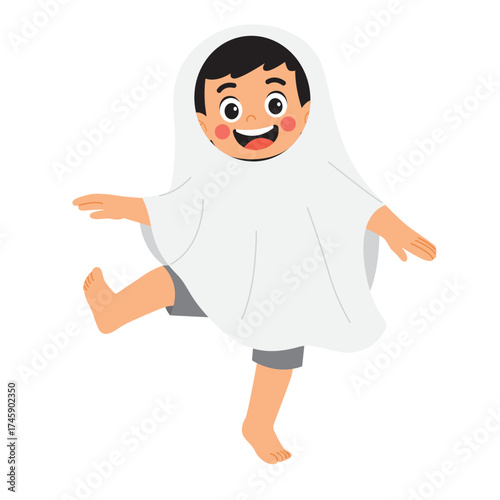 Boy in halloween ghost costume, barefoot, cheerful pose. Perfect for halloween designs, greeting cards, children's themed collages, and party invitations