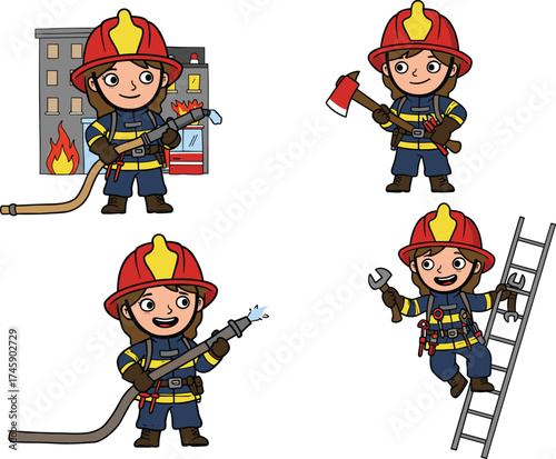 Cartoon firefighter character set, hose and axe poses, ladder climb, burning building scene, vector illustration for emergency, rescue, stock image