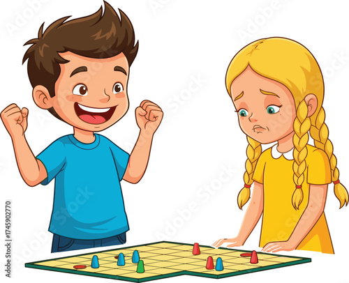 Cartoon children playing board game, boy celebrating win, girl disappointed losing, childhood emotions, fun competition, playful learning, kids activity illustration