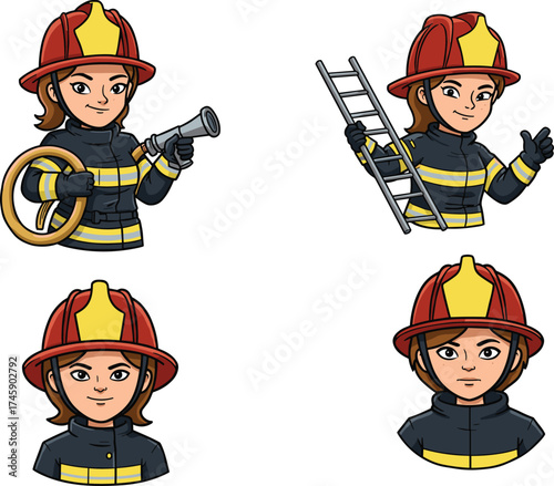 Cartoon firefighter character set, hose and ladder poses, portrait views, thumbs up gesture, vector illustration for emergency, rescue, stock image