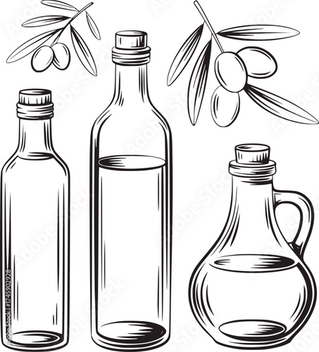 Black and white line drawing of olive oil bottles and branches olives