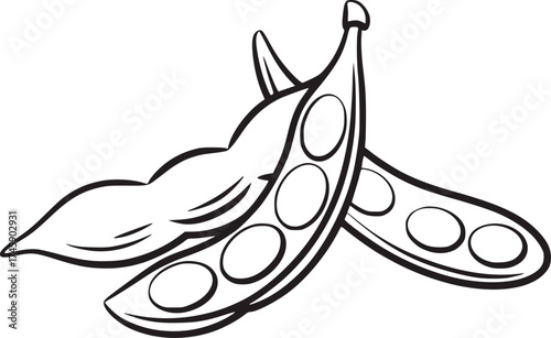 Black and white line drawing of opened edamame pods soybeans beans