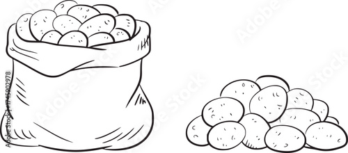 Burlap sack overflowing with potatoes next to a pile of potatoes black and white