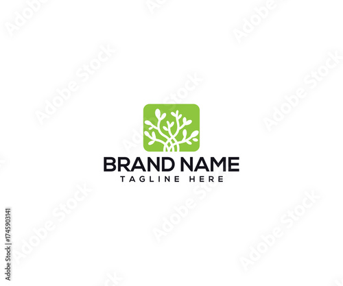 Abstract Tree Logo: A modern logo design featuring a stylized tree within a vibrant green square, with space for brand name and tagline, embodying growth, sustainability, and nature's elegance.
