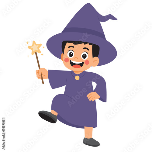 Boy in wizard costume and wand for halloween or fantasy themed designs. Suitable for magical themed content for children's books or events