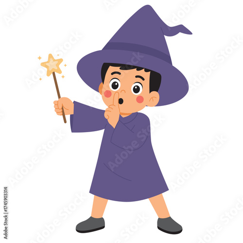 Child dressed as a wizard in a forest setting, gesturing silence. Suitable for portrayals of whimsical, magical, or mystical themes