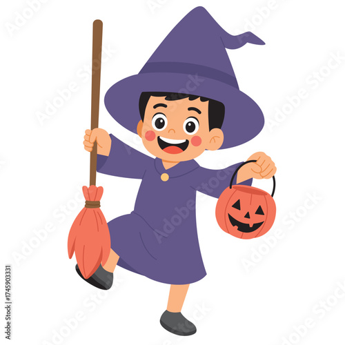Boy in witch costume holding broom and cauldron, perfect for halloween themed designs, party invitations, and social media posts