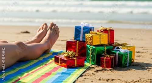 Wallpaper Mural Colorful wrapped Christmas gifts on beach near legs Torontodigital.ca