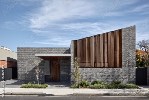 Wallpaper Mural Modern architectural design of a contemporary house with textured brick and wooden features located in a suburban neighborhood under a bright blue sky Torontodigital.ca