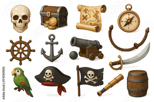 Pirate adventure collection: map, compass, skull, cannon, parrot, and more