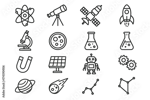 Science and space icons: telescope, microscope, rocket, robot, and more