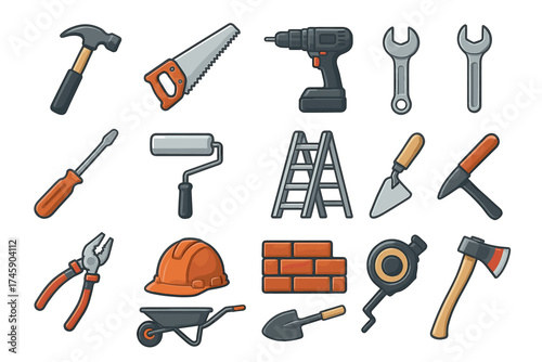 Collection of cartoon construction tools including hammer, drill, saw, and wrench