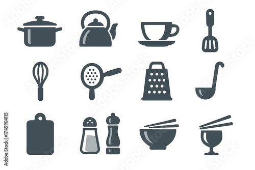 Kitchen utensil icons: pots, kettle, whisk, grater, cups, and more