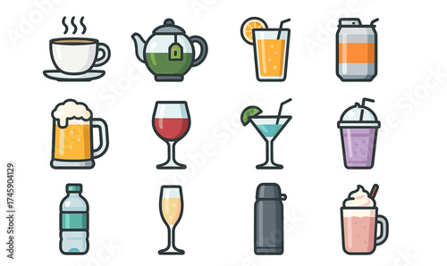 Colorful collection of various drink icons featuring tea, coffee, cocktails, and more