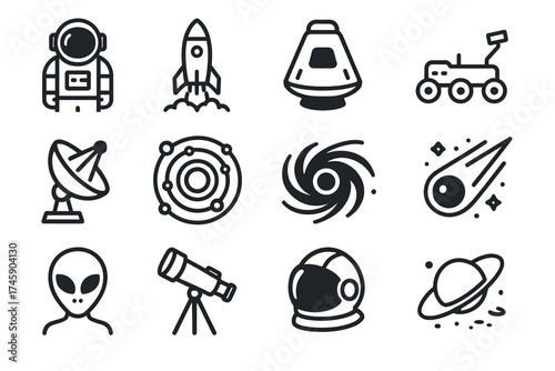 Space exploration icons: astronaut, rocket, ufo, alien, satellite, telescope