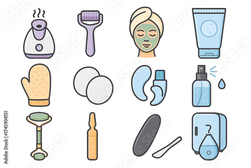 Skincare essentials icons: tools, products, beauty treatments