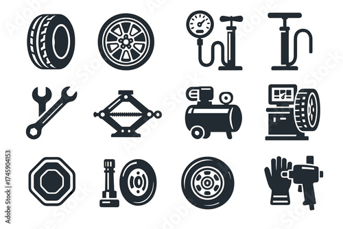 Car maintenance tools: tire, gauge, pump, wrench, jack, compressor