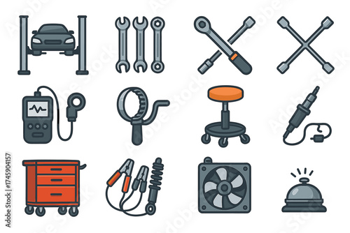 Automotive tools collection: wrenches, diagnostic equipment, car maintenance icons