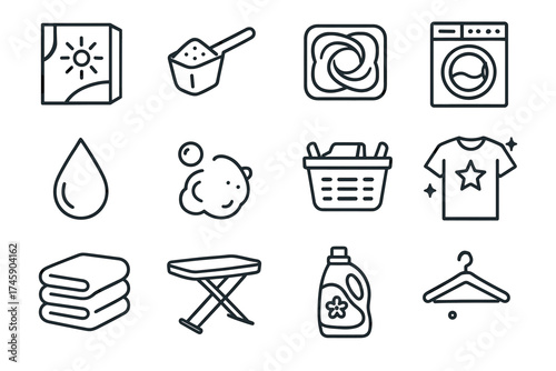 Icons for laundry essentials: detergent, washing machine, ironing board, clothes hanger