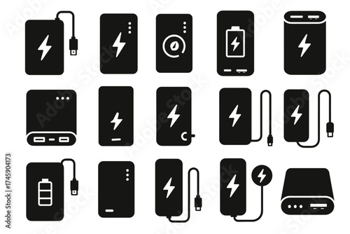 Collection of various portable power bank icon designs in black and white