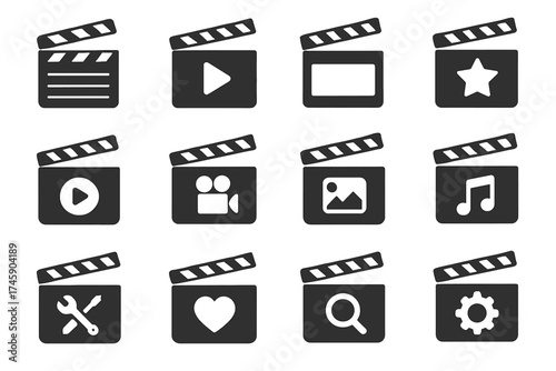 Film production icons: clapperboard symbols for media and entertainment