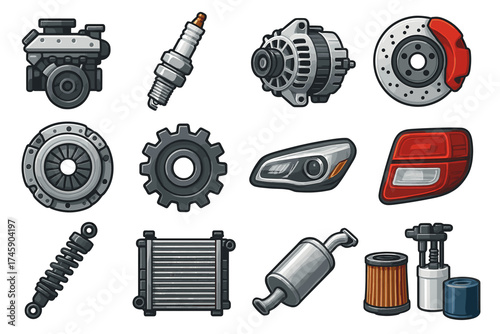 Collection of car parts: engine, alternator, spark plug, brake disc, lights, filters, gear