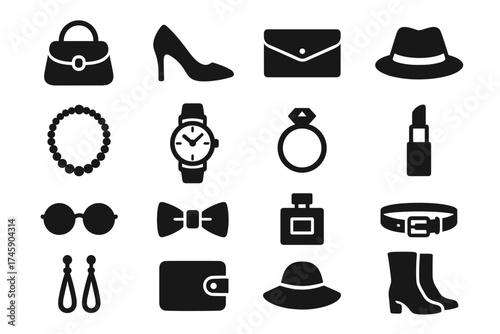 Fashion accessories icons: hat, watch, jewelry, shoes, belt, bag, sunglasses