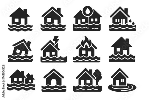 Flood risk icons: houses with water, storm, fire, tree, and raindrop