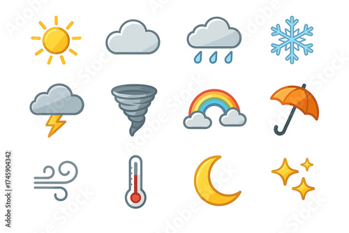Weather icons: sun, cloud, rain, snowflake, lightning, tornado, rainbow, umbrella, wind, thermometer, moon, stars