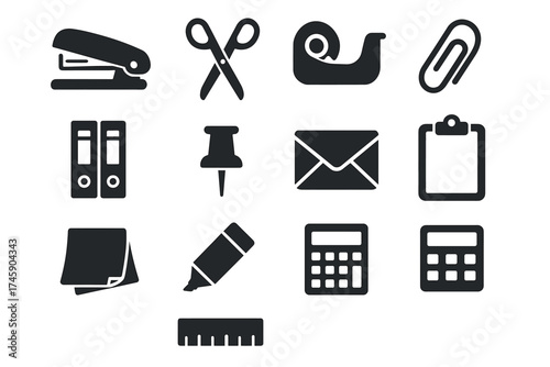 Office supplies icons: scissors, stapler, tape dispenser, calculator, ruler