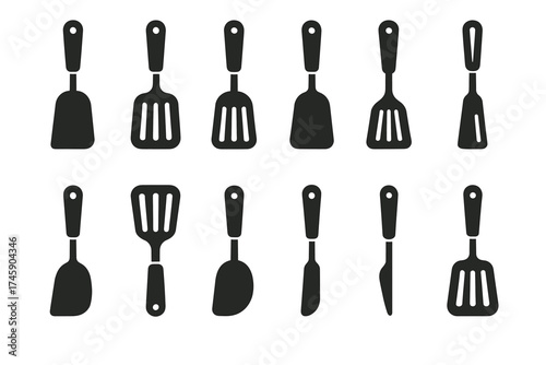 Silhouette of various kitchen spatula designs on white background