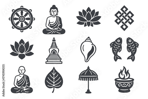 Collection of buddhist symbols: buddha, dharma wheel, lotus, ancient patterns, meditating monk